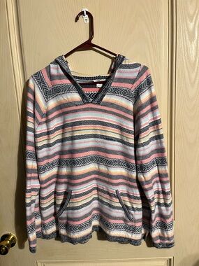 LOFT Striped Knit Hooded Lounge Top in Navy, Pink & Yellow
